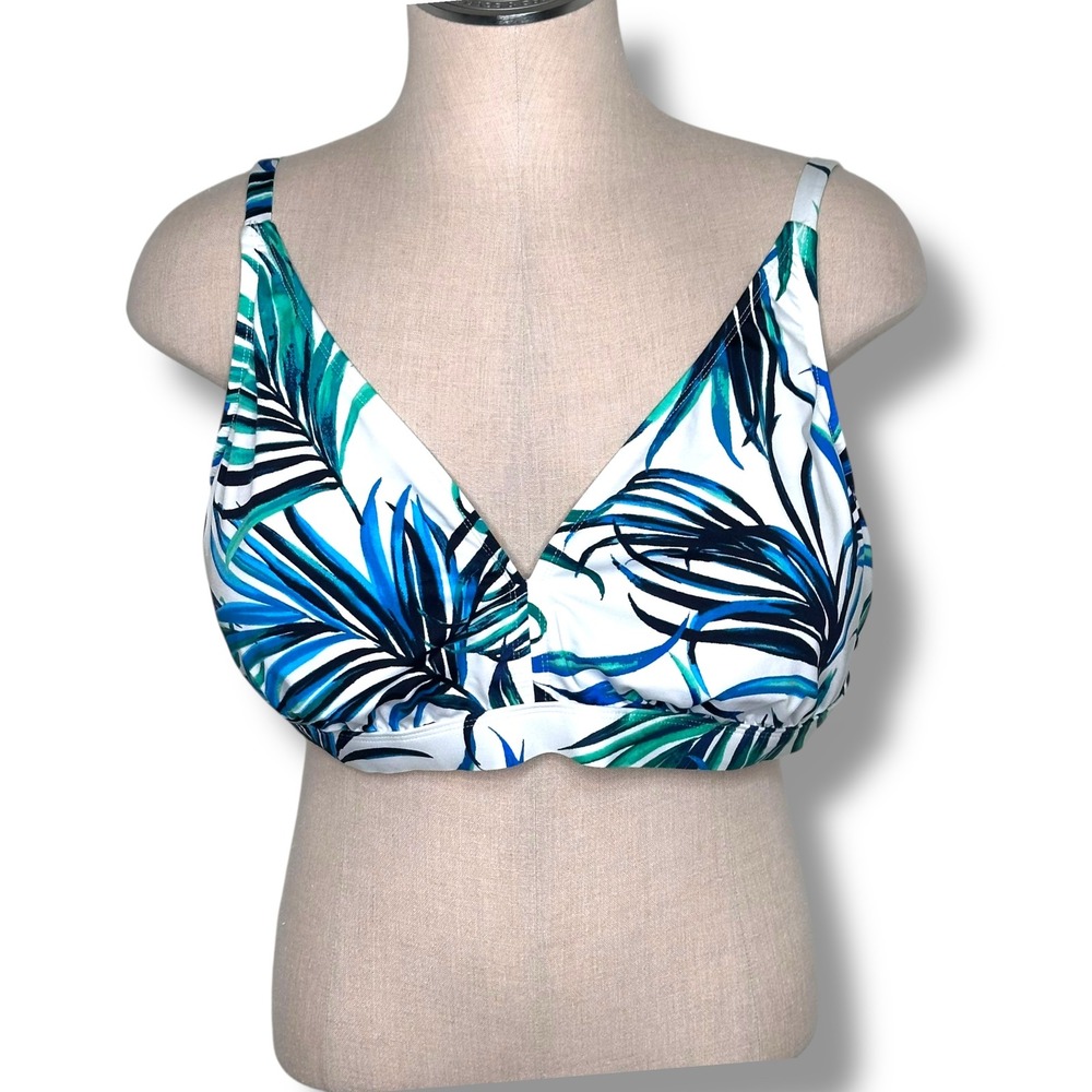 Sonnet Shores 22W White Blue Green Palm Leaf Print Bikini Top Swimwear‎